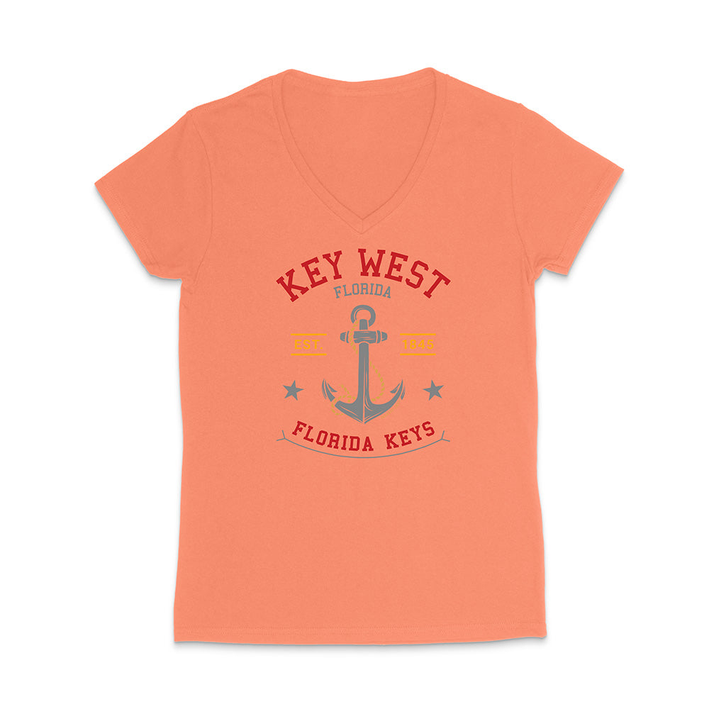 Coral t-shirt with 'Key West, Florida Keys' design on a white background