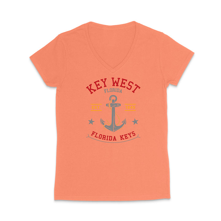 Coral t-shirt with 'Key West, Florida Keys' design on a white background