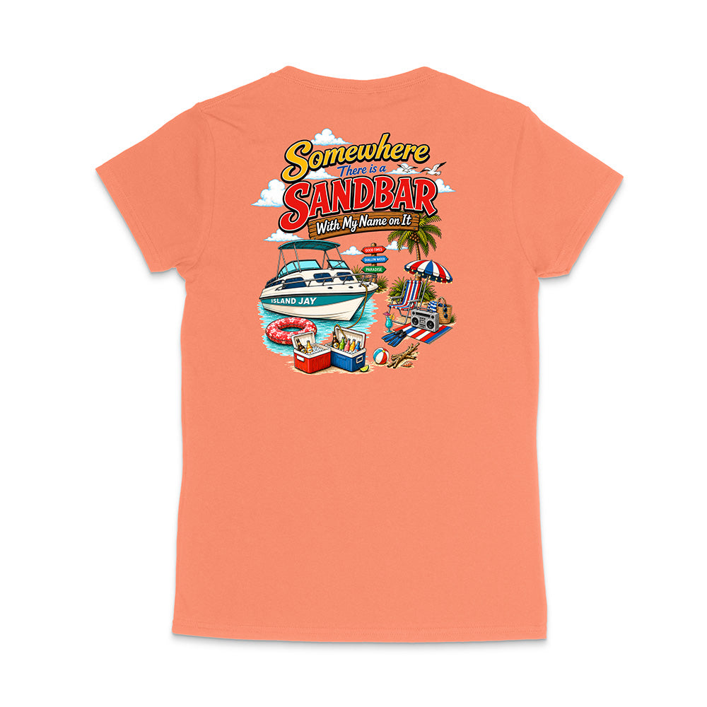 A coral orange short-sleeve t-shirt shown from the back, featuring a colorful graphic print with the text 'Somewhere From It All SANDBAR With My Name on It' and a beach scene illustration.