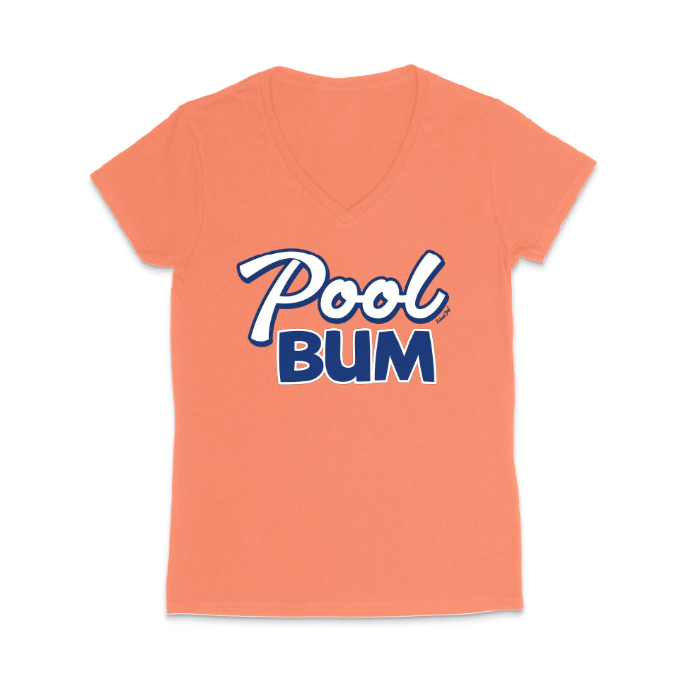 Coral t-shirt with 'Pool Bum' text on a white background