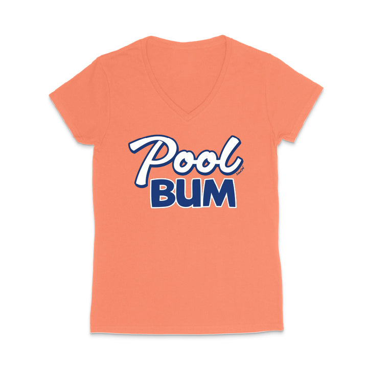 Coral t-shirt with 'Pool Bum' text on a white background