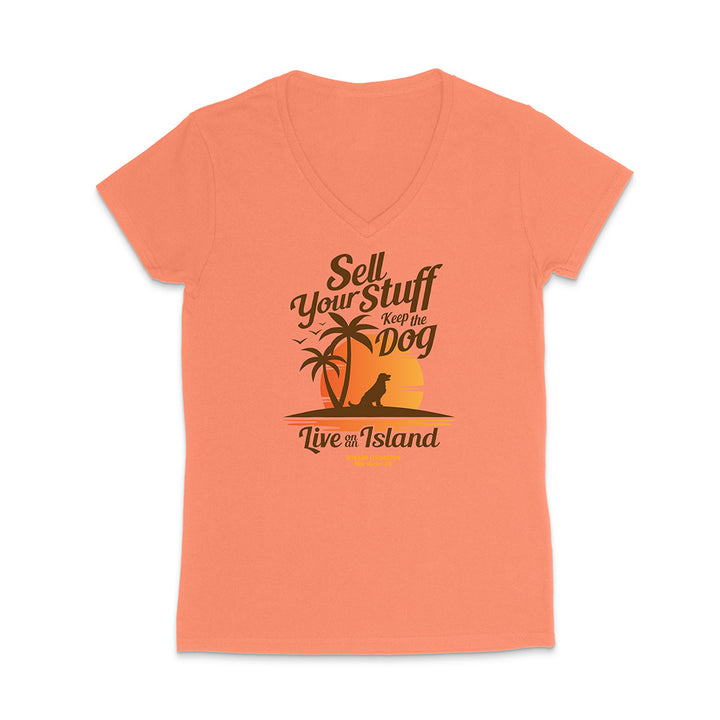 Coral t-shirt with a graphic and text on a white background