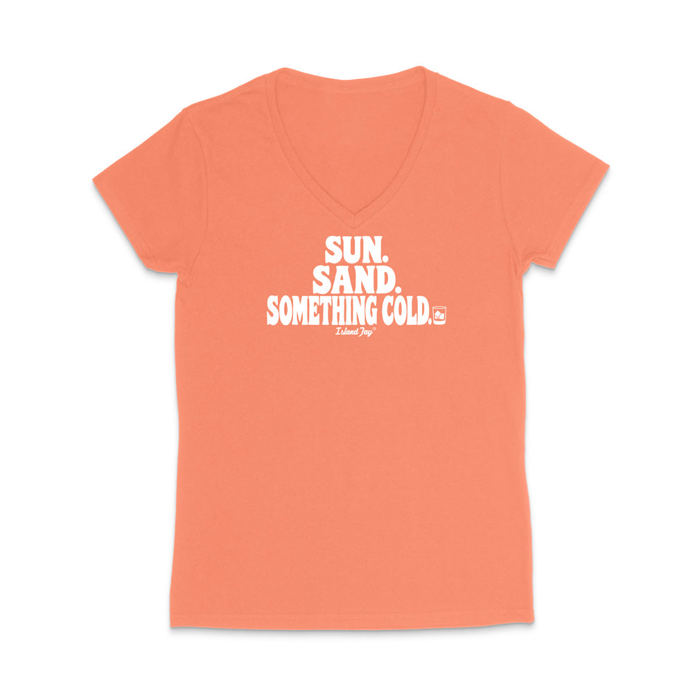 A orange V-neck t-shirt with a white graphic text print reading 'SUN. SAND. something cold