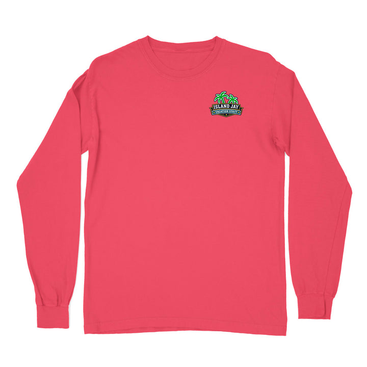 A coral pink long-sleeve t-shirt with a small graphic on the left chest featuring green palm trees and the text 'ISLAND JET SURFING'.