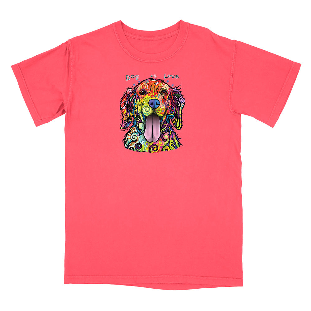 Pink t-shirt with a colorful dog graphic and text on a white background