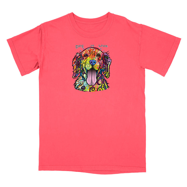 Pink t-shirt with a colorful dog graphic and text on a white background