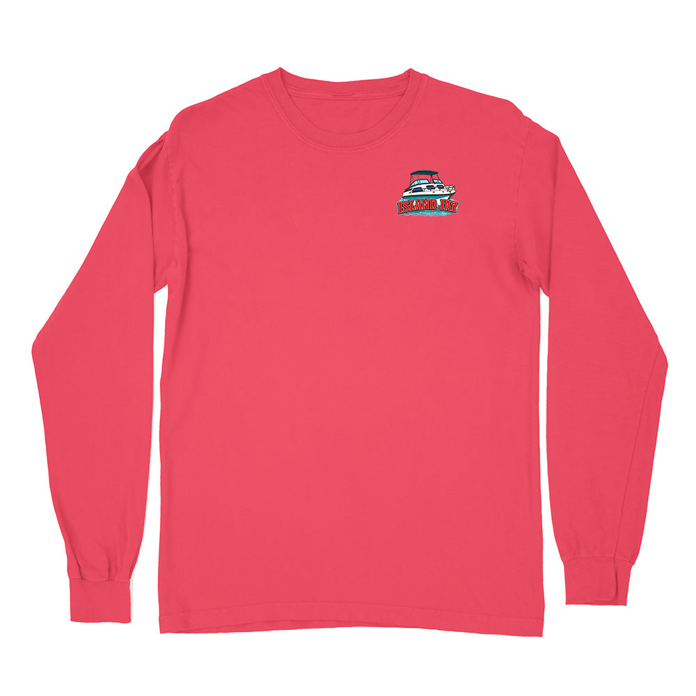 A coral pink long-sleeve crewneck t-shirt with a small graphic of a sailboat on the left chest, displayed flat against a solid white background.