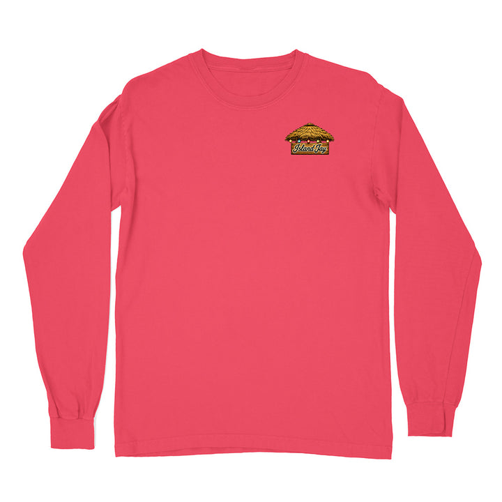 A coral pink long-sleeve t-shirt with a small graphic on the left chest depicting a beach umbrella and the text 'Tropical Vibes'.