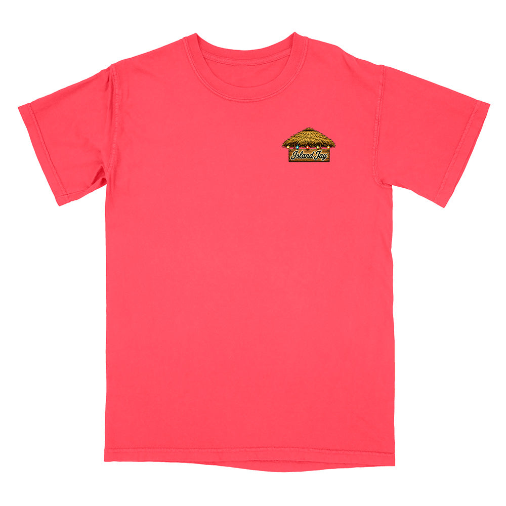 A coral pink short-sleeve t-shirt with a small graphic on the left chest depicting a burger with the text 'Wicked' in a retro font, shown against a plain white background.