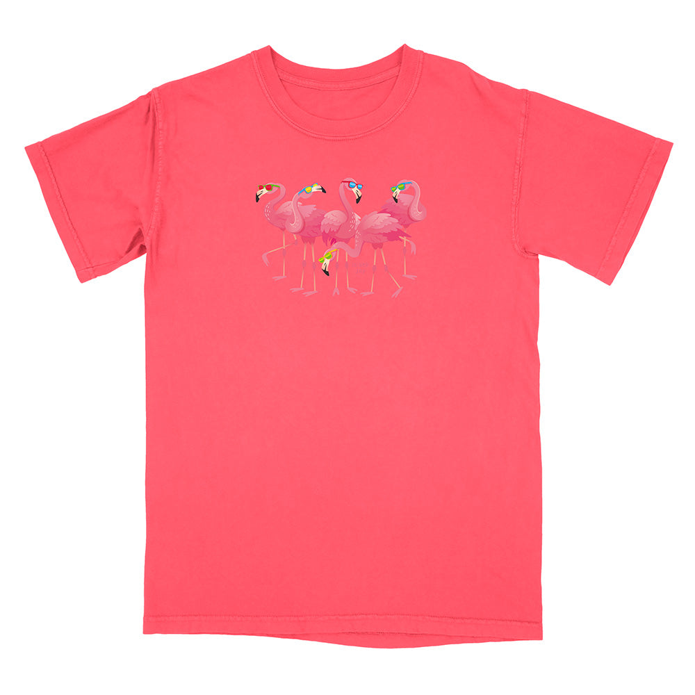 Pink t-shirt with flamingo design on a white background