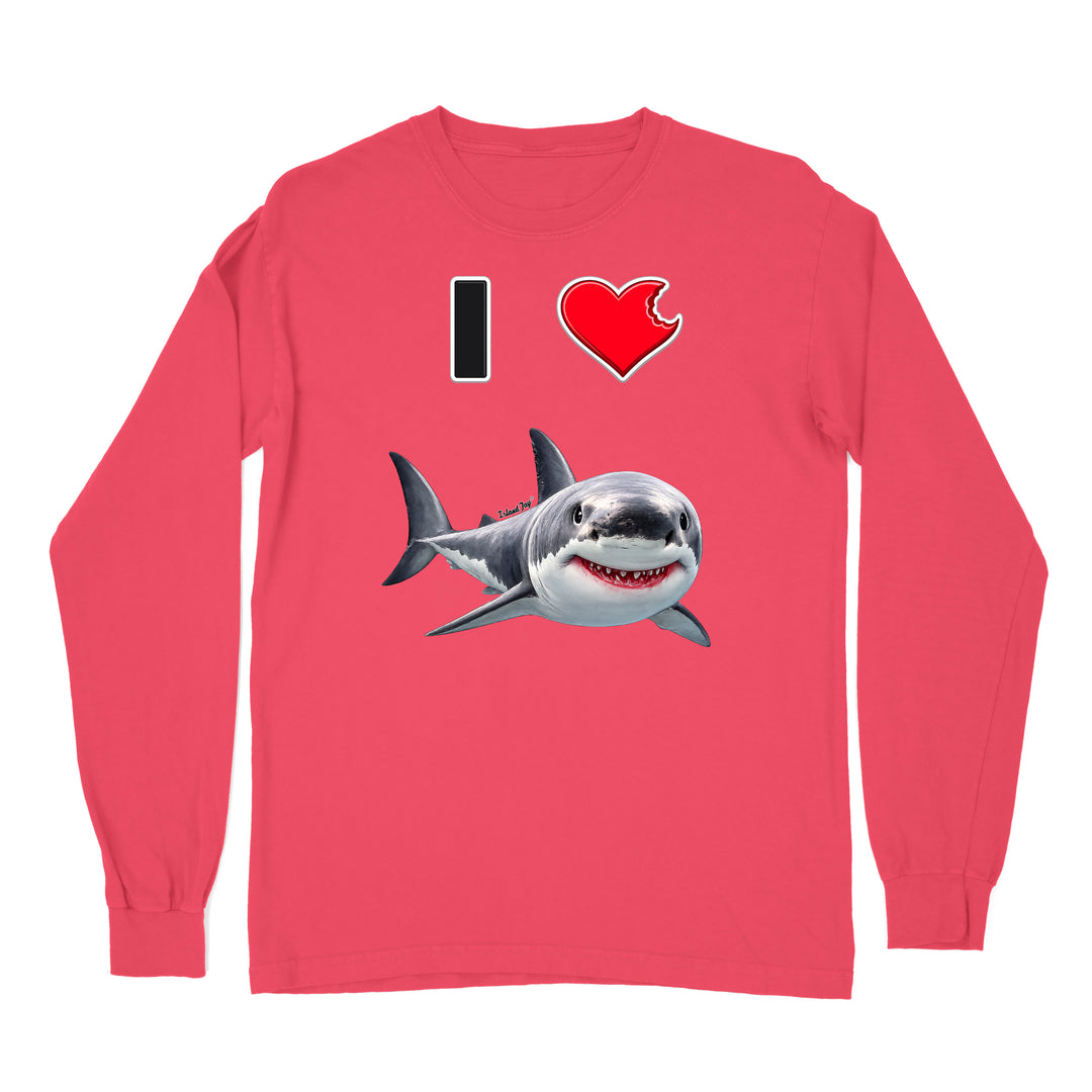 A red long sleeve shirt with the phrase "I love shark" written with a heart icon graphic for the "love" and a cute shark graphic for the "Shark".