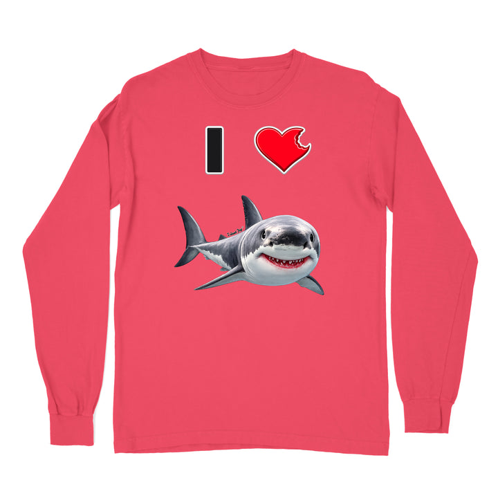 A red long sleeve shirt with the phrase "I love shark" written with a heart icon graphic for the "love" and a cute shark graphic for the "Shark".
