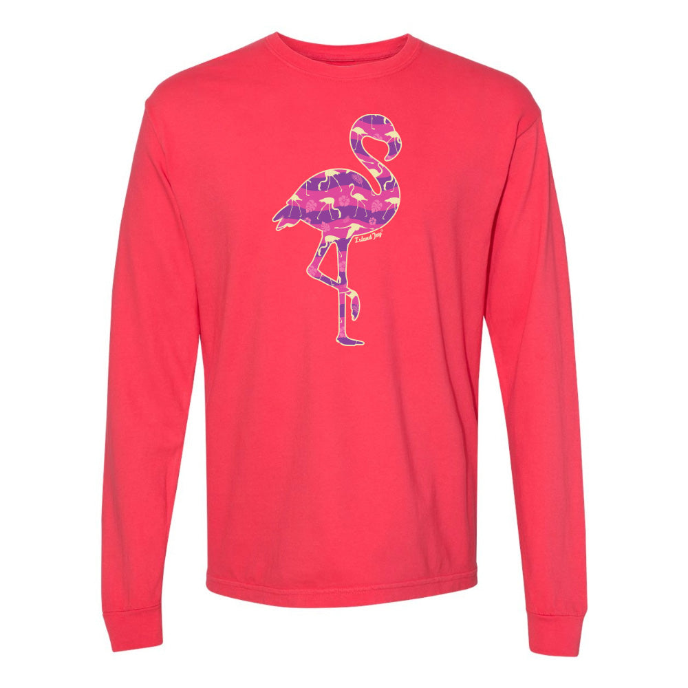Red long-sleeve shirt with a pink flamingo design on a white background