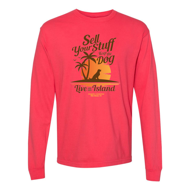 Red long-sleeve shirt with a graphic design and text on a white background