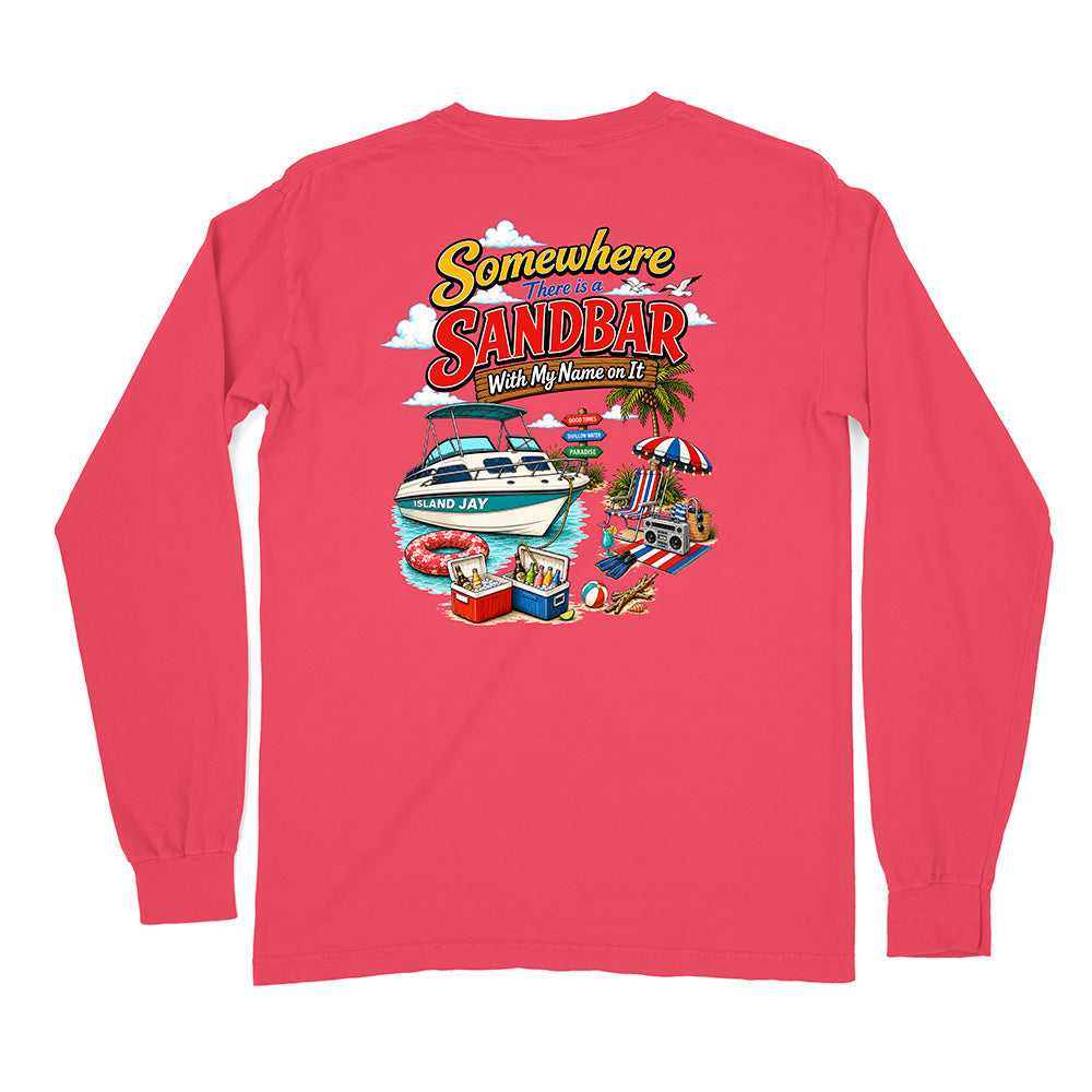 A pink long-sleeve t-shirt with a colorful graphic on the front featuring a speedboat, beach umbrellas, and the text 'Somewhere Sandbar With My Name on It'.