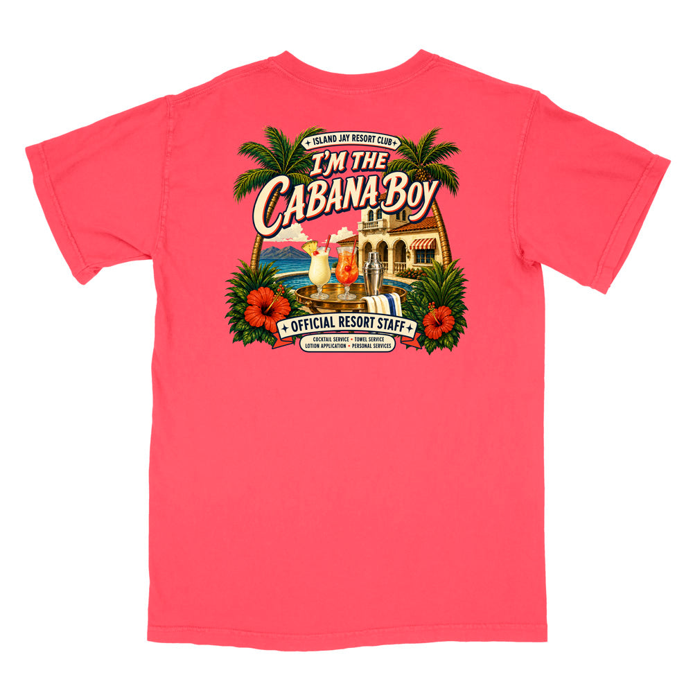 A coral pink short-sleeve t-shirt shown from the back, featuring a large colorful graphic print with palm trees, hibiscus flowers, a beach bar scene, and the text 'I'm The Cabana Boy' and 'Official Resort Staff'.