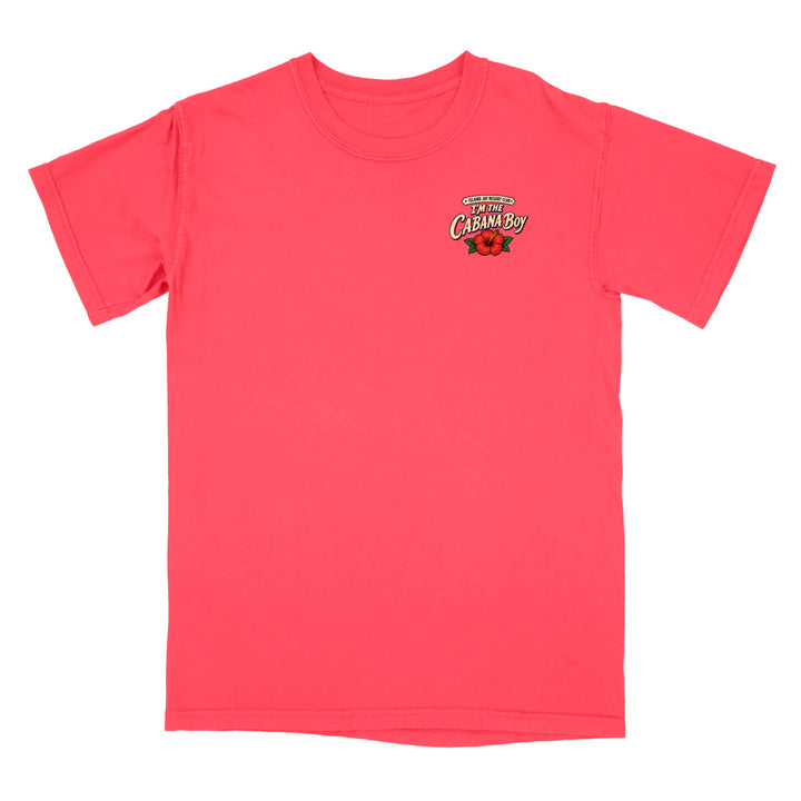 A coral pink short-sleeve t-shirt with a small graphic on the left chest featuring the words 'Caban Boy' and a red flower, displayed on a solid white background.