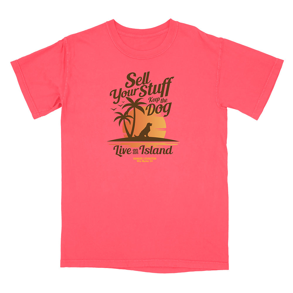 Pink t-shirt with a graphic design and text on a white background