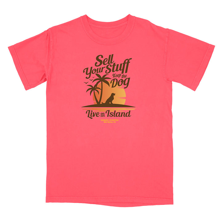 Pink t-shirt with a graphic design and text on a white background