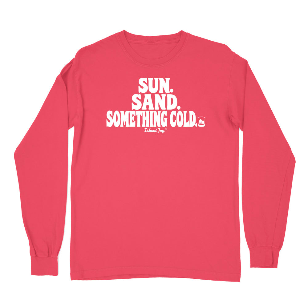 A paprika long-sleeve t-shirt with a white graphic text print on the chest reading 'SUN. SAND. Something cold