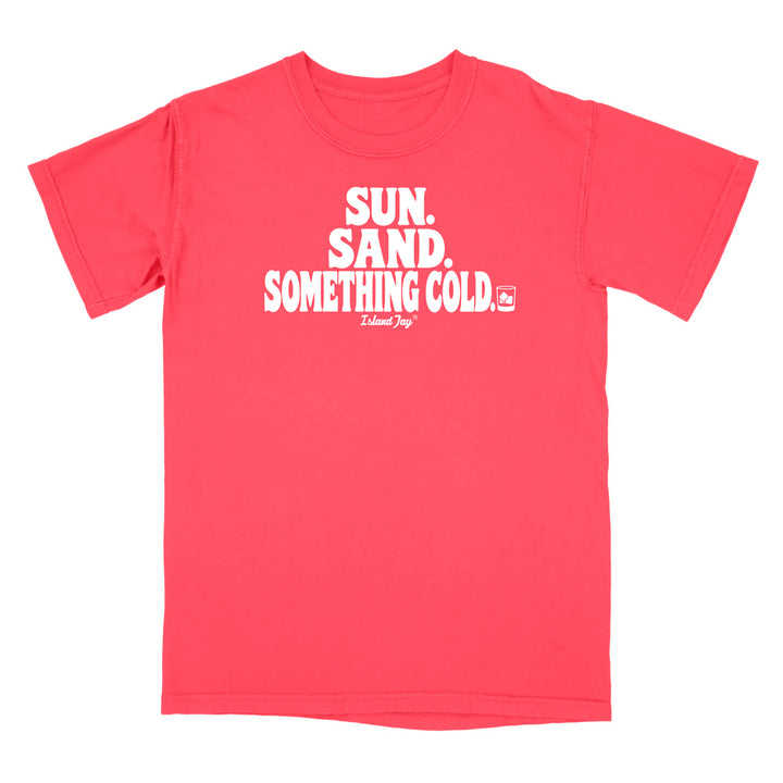 A paprika short-sleeve t-shirt with a white graphic print on the chest reading 'SUN. SAND. Something Cold