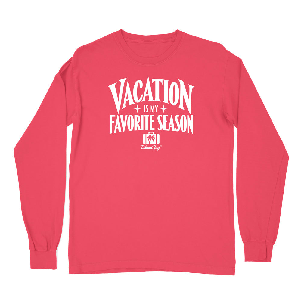 A red long-sleeve t-shirt with a white graphic print on the front that reads 'VACATION IS MY FAVORITE SEASON' 