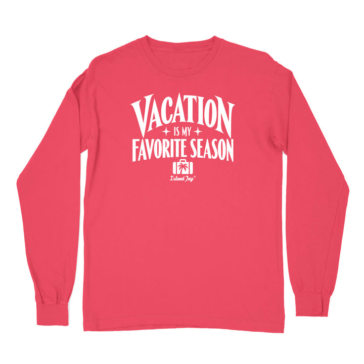 A red long-sleeve t-shirt with a white graphic print on the front that reads 'VACATION IS MY FAVORITE SEASON' 