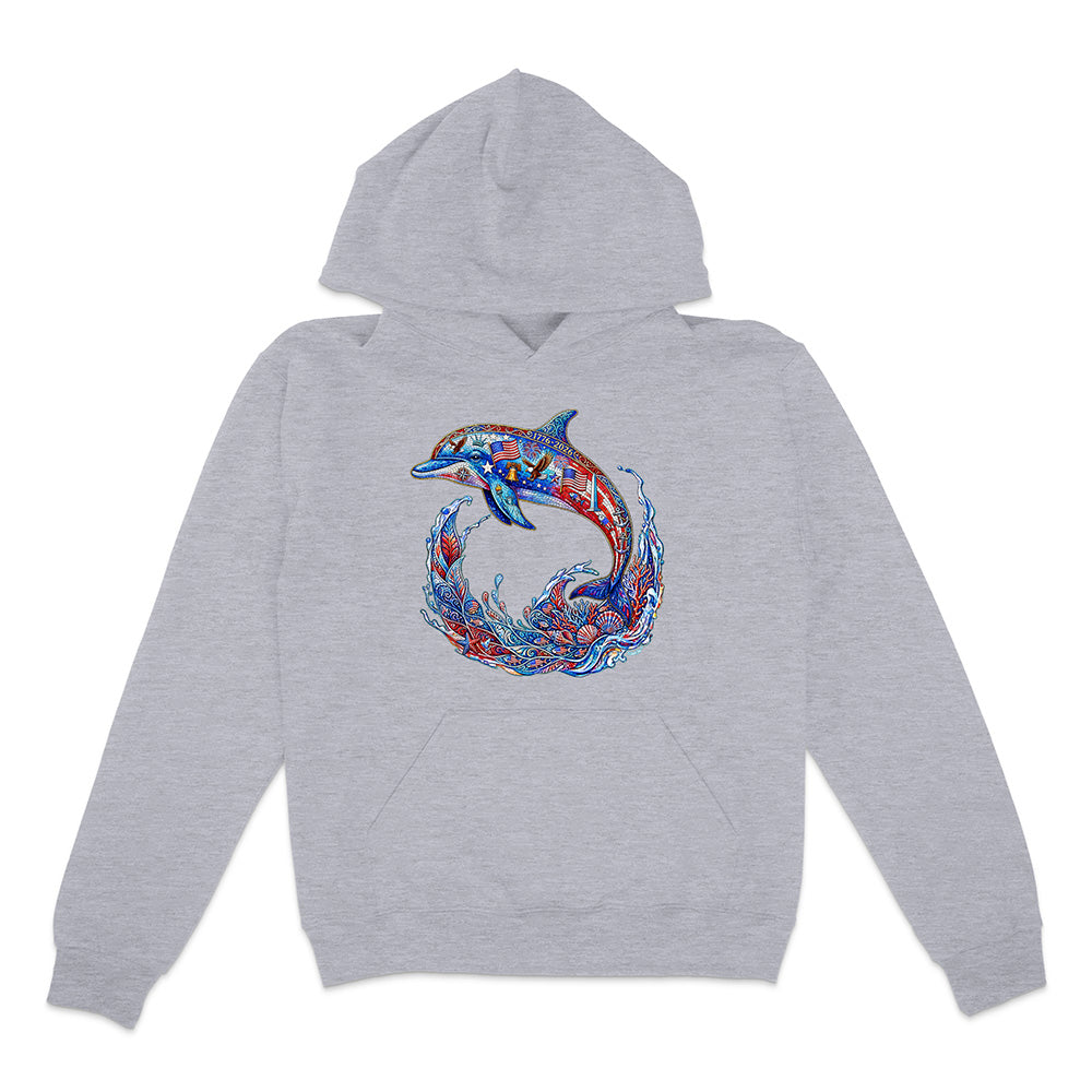 Gray hoodie with a colorful dolphin design on a white background