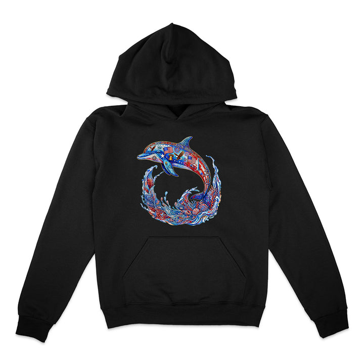 Black hoodie with a colorful dolphin design on a white background