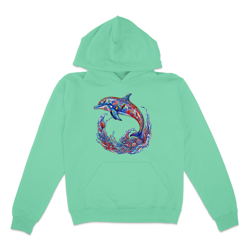 Mint green hoodie with a colorful dolphin design on a white background