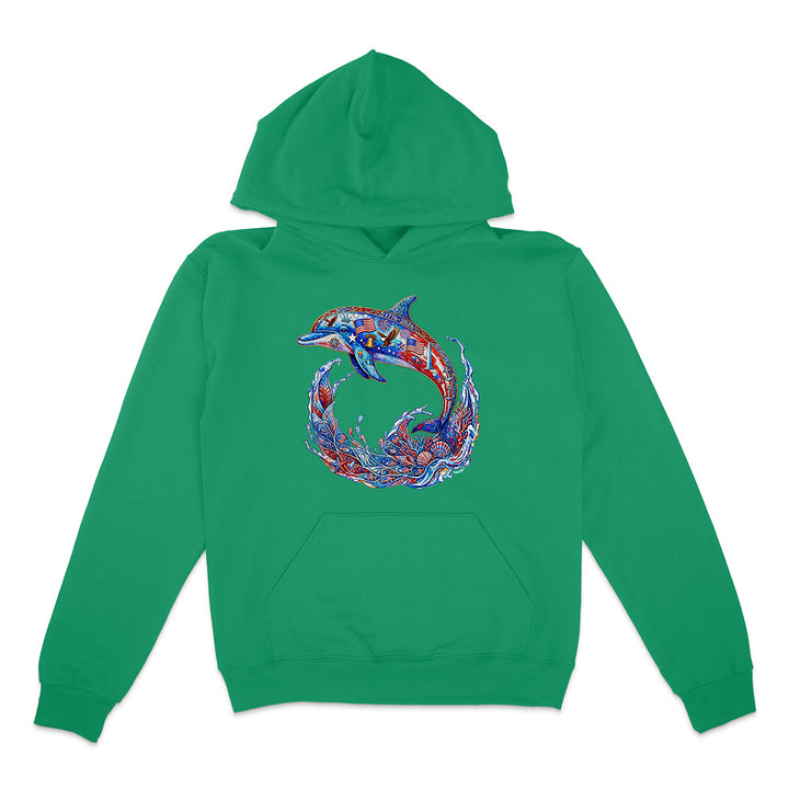 Green hoodie with a colorful dolphin design on a white background