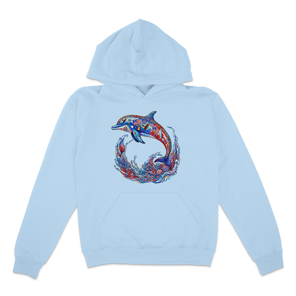 Light blue hoodie with a colorful dolphin design on a white background