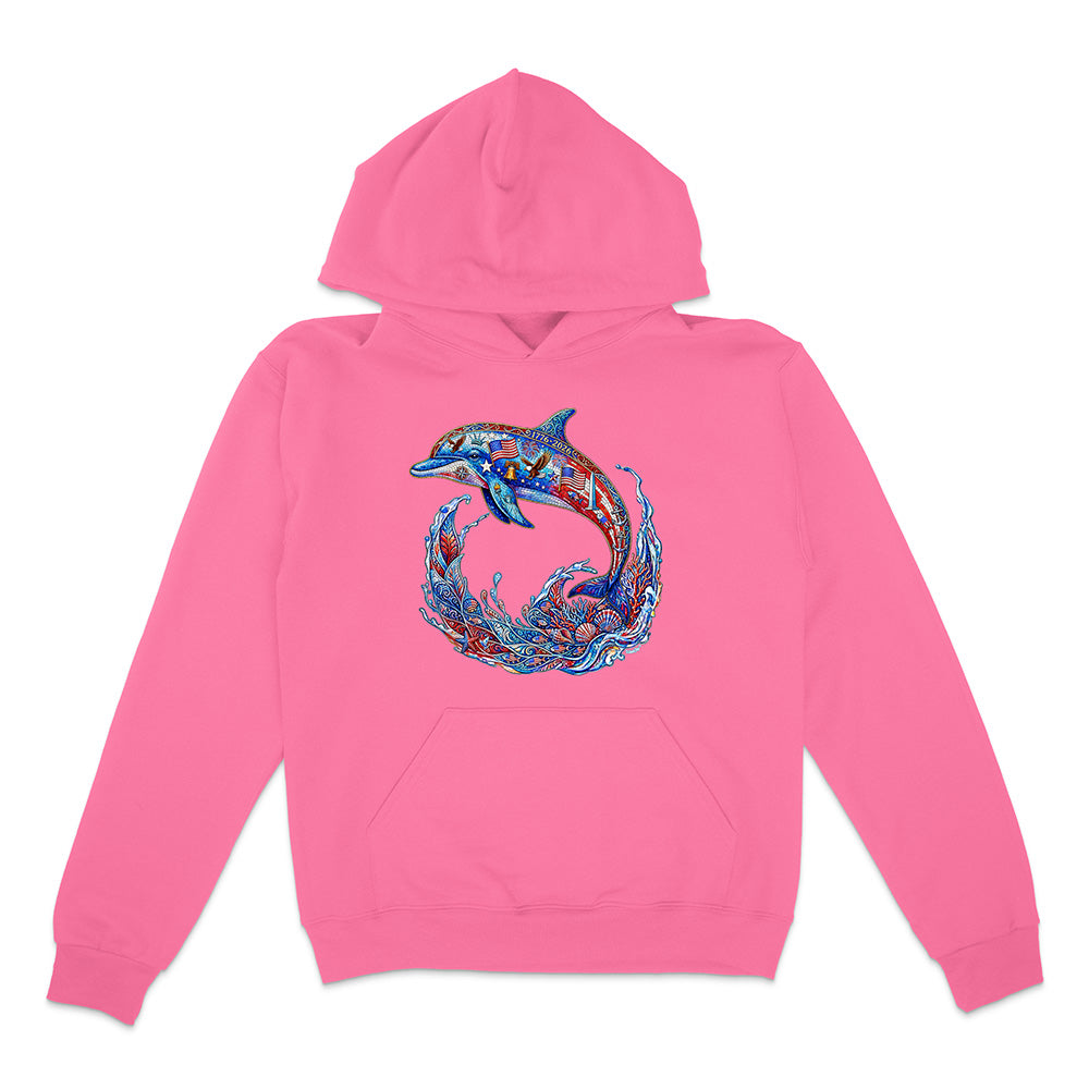 Pink hoodie with a blue dolphin design on a white background