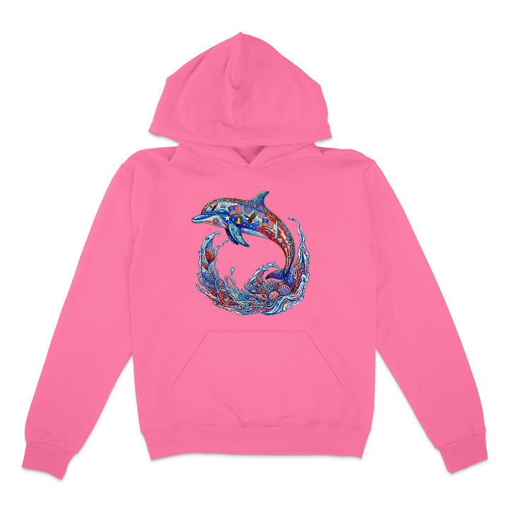 Pink hoodie with a blue dolphin design on a white background