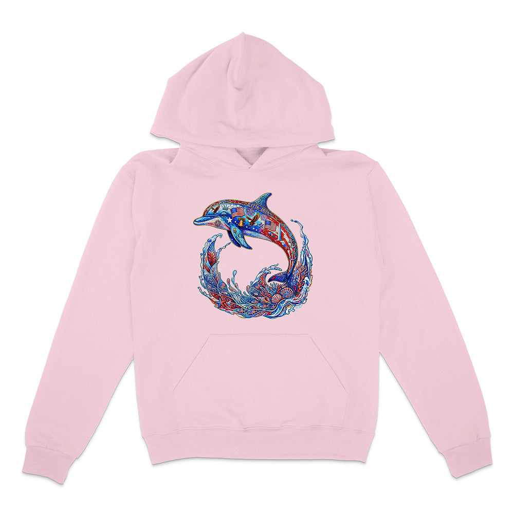 Pink hoodie with a colorful dolphin design on a white background