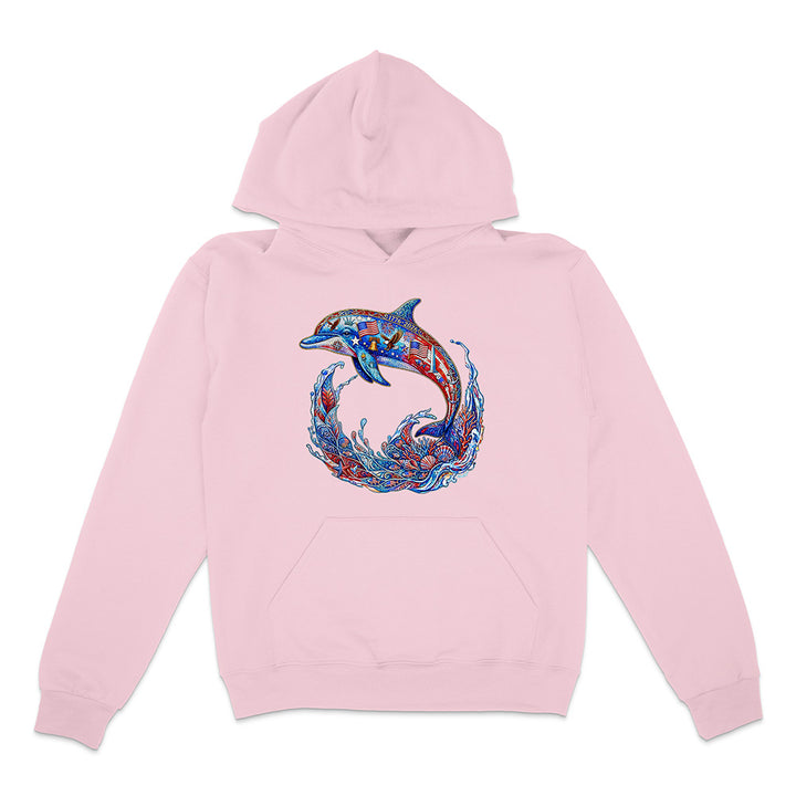 Pink hoodie with a colorful dolphin design on a white background