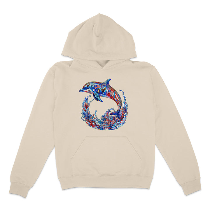 Beige hoodie with a colorful dolphin design on a white background