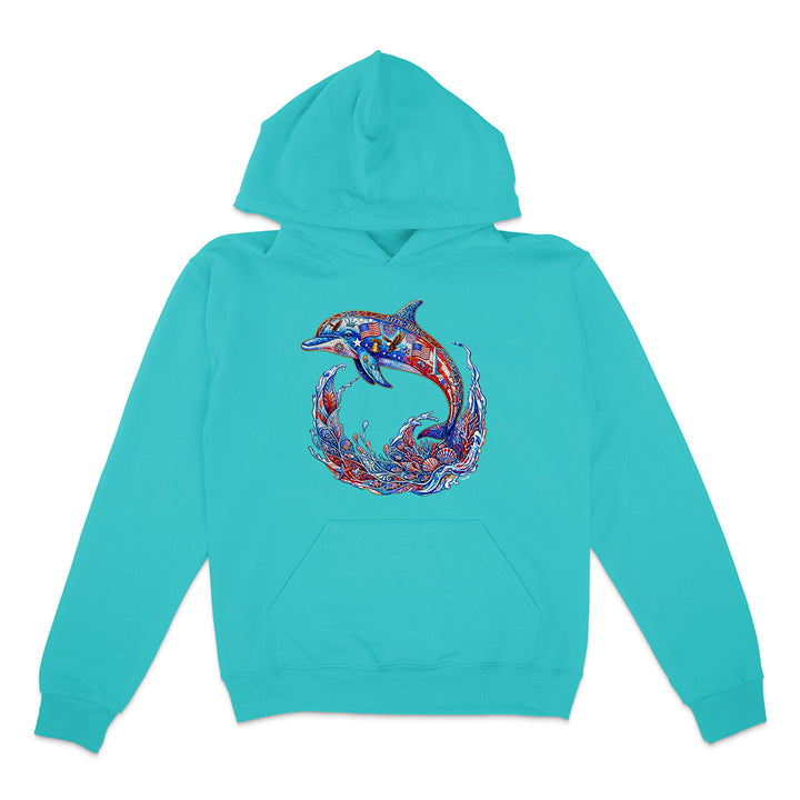Turquoise hoodie with a colorful dolphin design on a white background