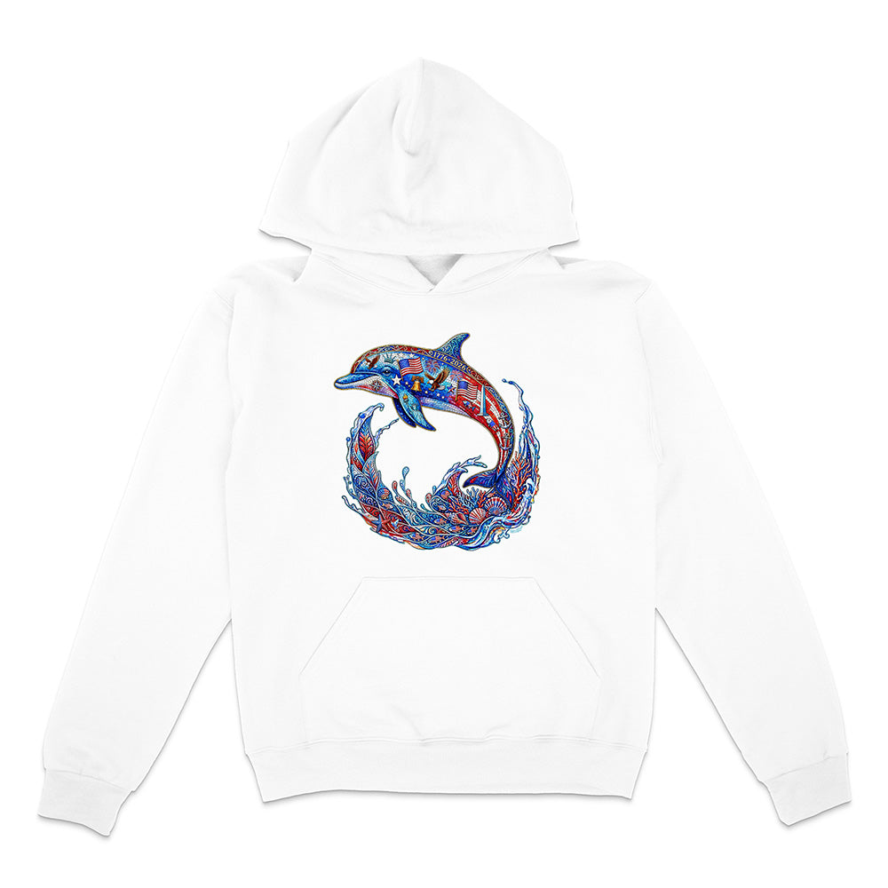 White hoodie with a colorful dolphin design on a white background