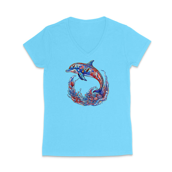 Light blue t-shirt with a colorful dolphin design on a white background
