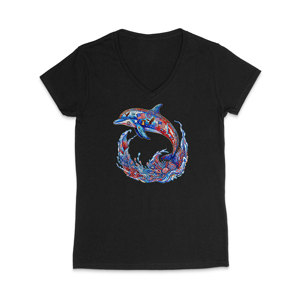 Black V-neck t-shirt with a colorful dolphin design on a white background