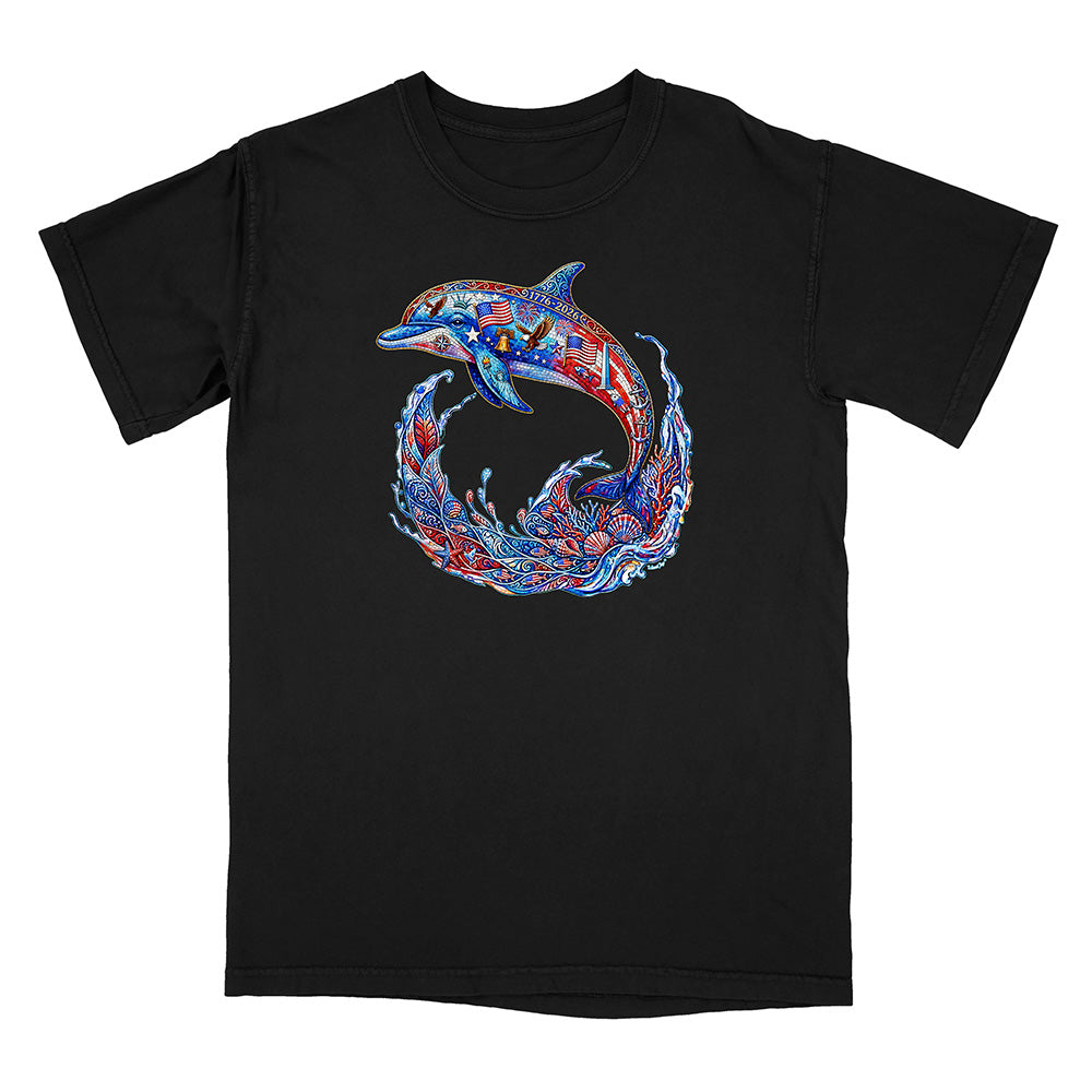 Black t-shirt with a colorful dolphin design on a white background
