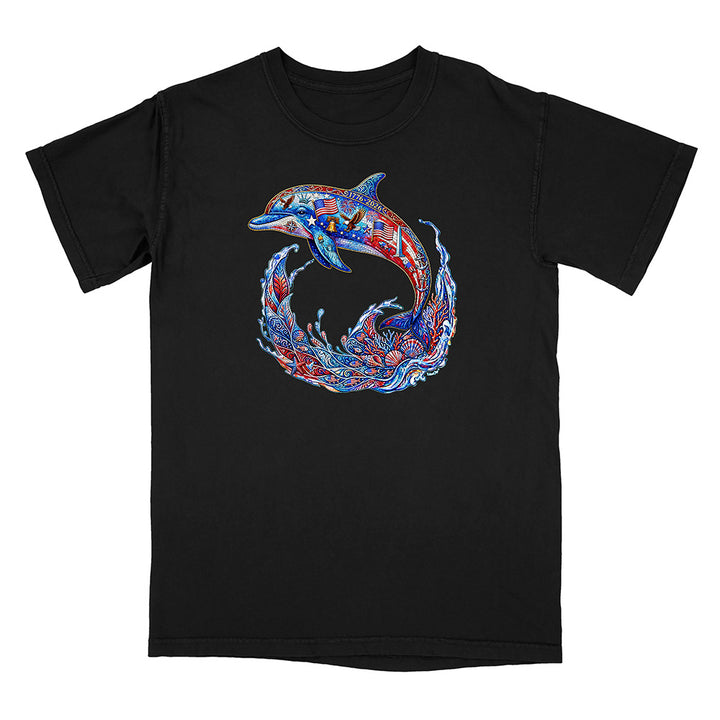 Black t-shirt with a colorful dolphin design on a white background