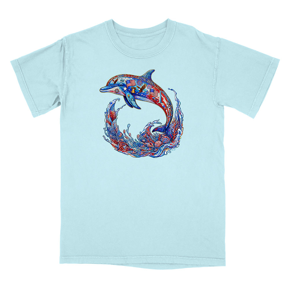 Light blue t-shirt with a colorful dolphin design on a white background