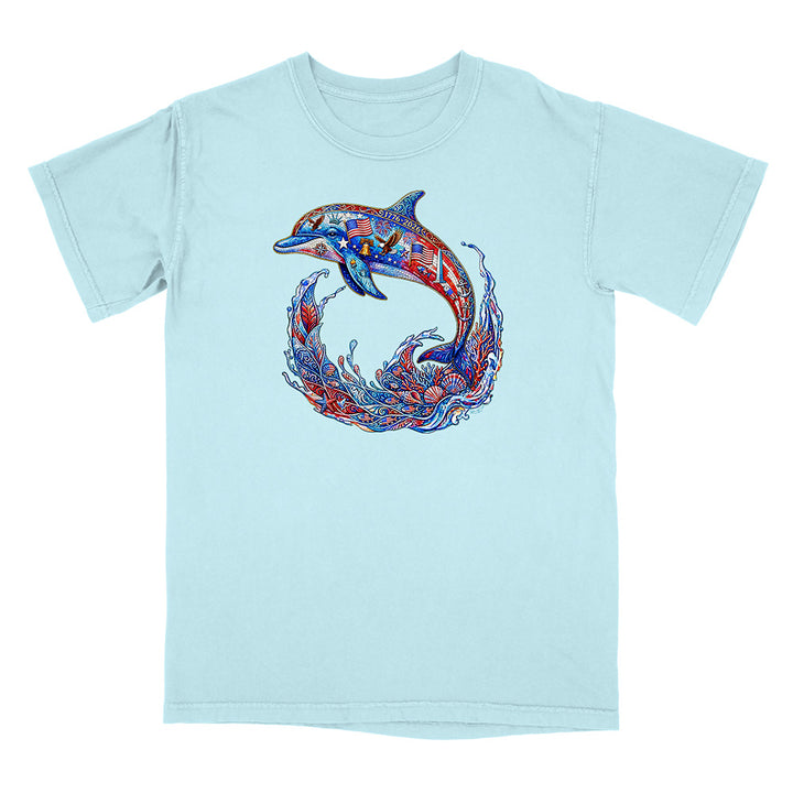 Light blue t-shirt with a colorful dolphin design on a white background