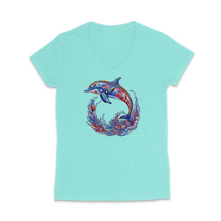 Light blue t-shirt with a colorful dolphin design on a white background