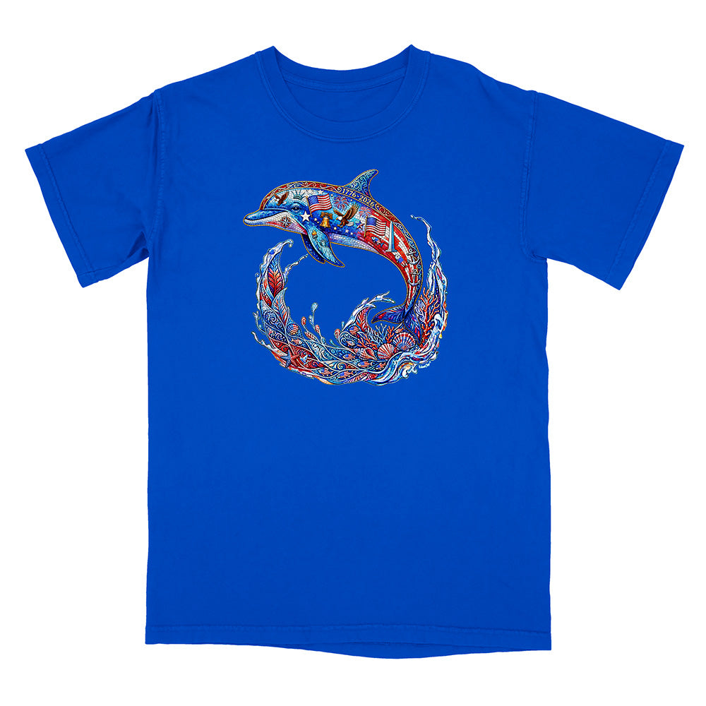 Blue t-shirt with a colorful dolphin graphic on a white background