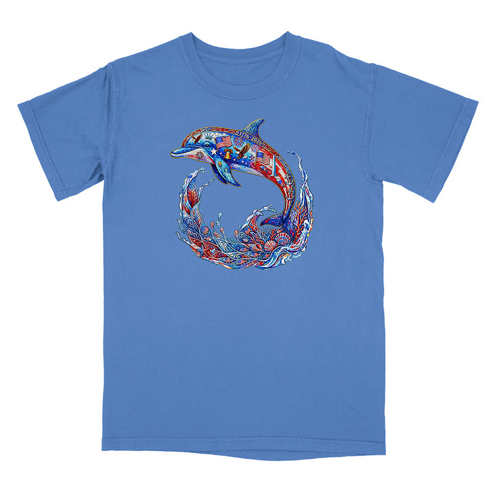 Blue t-shirt with a colorful dolphin design on a white background