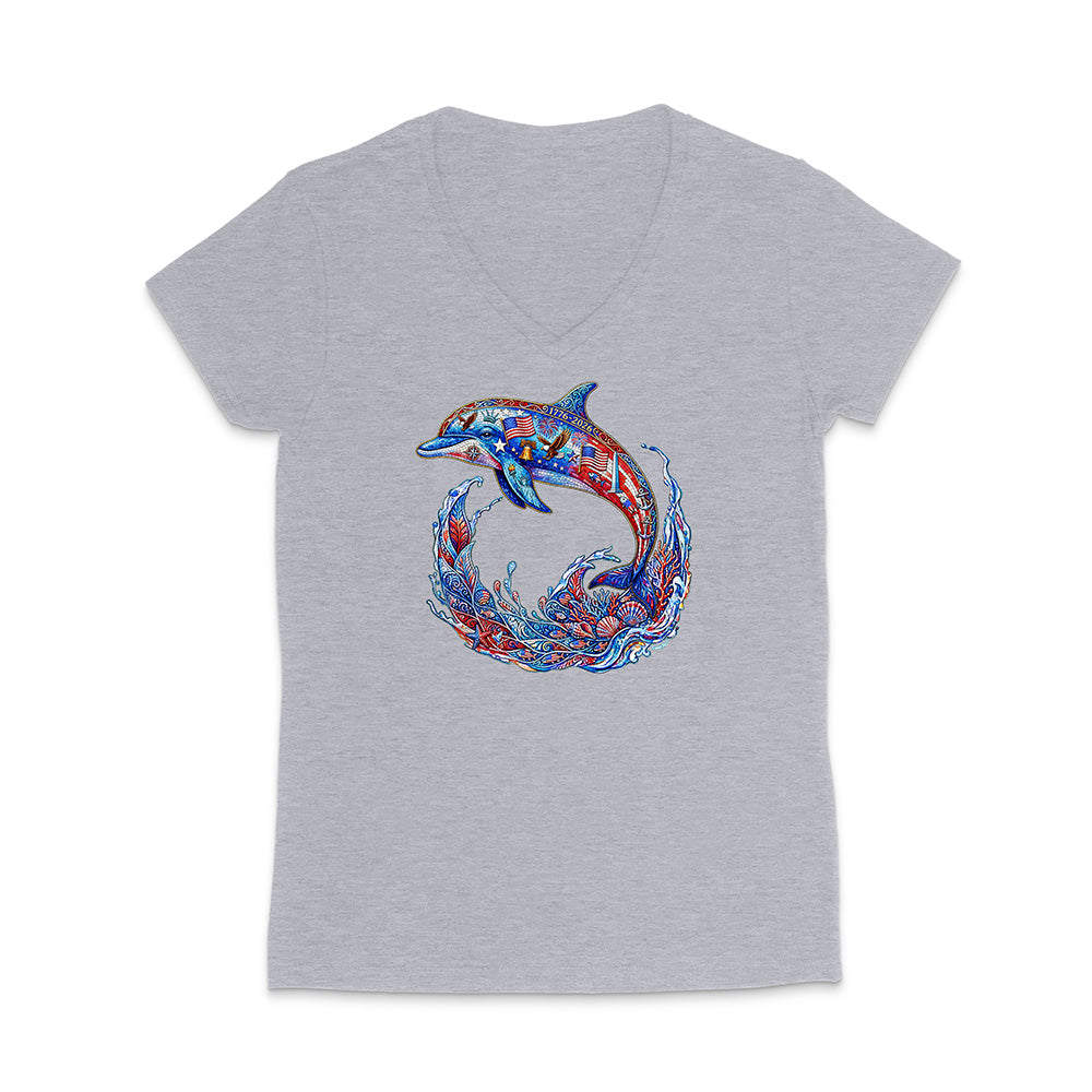 Gray t-shirt with a colorful dolphin design on a white background