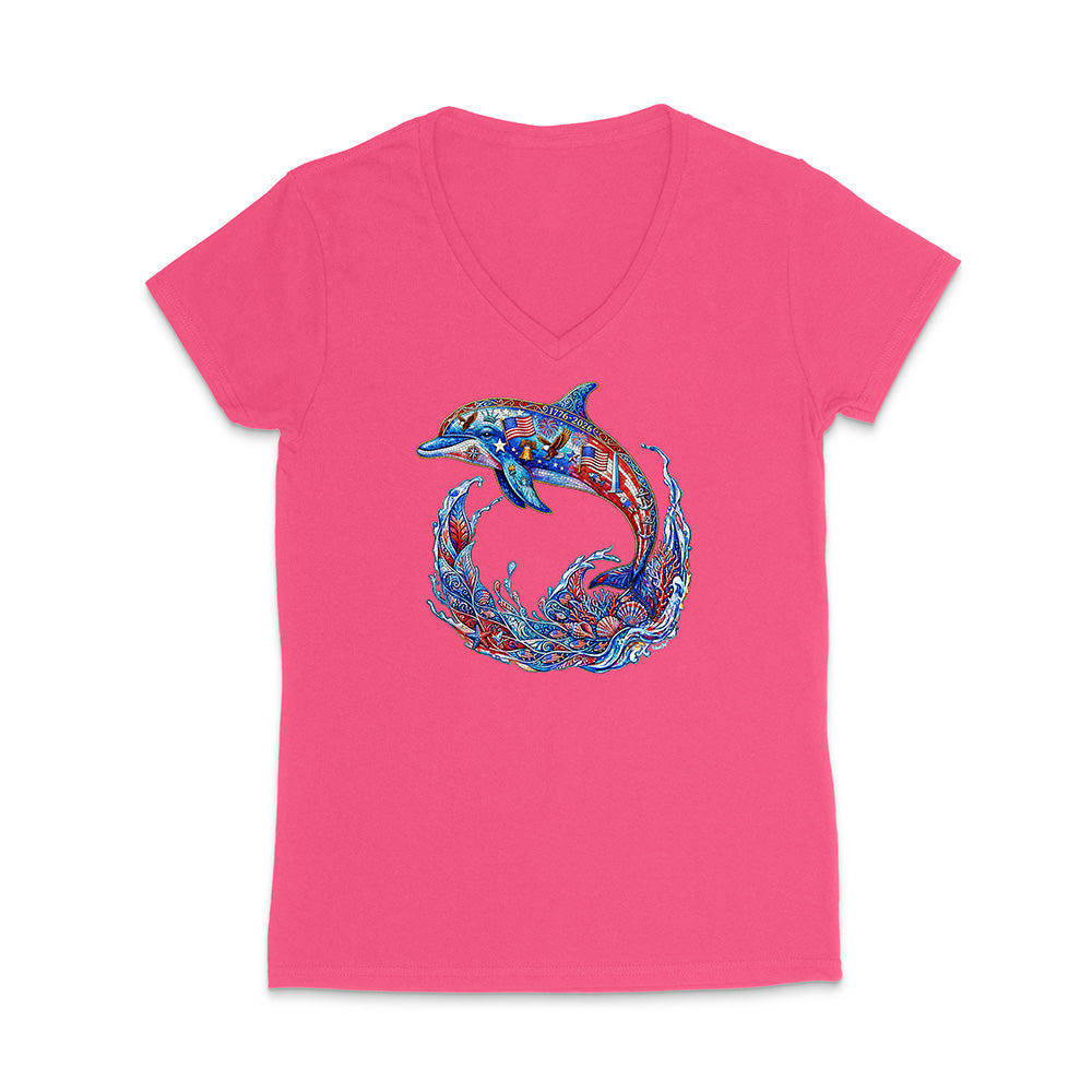Pink t-shirt with a colorful dolphin design on a white background